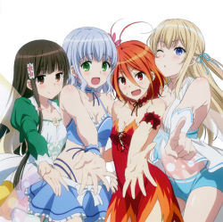 Rule 34 | 10s, 4girls, :d, absurdres, amagi brilliant park, antenna hair, blonde hair, blue eyes, blue hair, breasts, brown eyes, brown hair, choker, cleavage, dress, earrings, fairy wings, fang, girl sandwich, gradient hair, green eyes, hair between eyes, hair ornament, highres, jewelry, koborii (amaburi), large breasts, long hair, looking at viewer, medium breasts, midriff, multicolored hair, multiple girls, muse (amaburi), navel, official art, one eye closed, open mouth, outstretched hand, pointing, pointing at viewer, puffy sleeves, red eyes, red hair, salama (amaburi), sandwiched, scan, short shorts, shorts, simple background, skirt, small breasts, smile, strapless, strapless dress, sylphy (amaburi), two-tone hair, wavy hair, white background, wings, wrist cuffs
