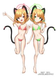 Rule 34 | 2girls, absurdres, animal ear headphones, artist name, bikini, blonde hair, blue archive, cat ear headphones, cat tail, closed mouth, commission, fake animal ears, green bikini, green eyes, hair ribbon, halo, headphones, highres, janel-senpai, looking at viewer, midori (blue archive), momoi (blue archive), multiple girls, open mouth, pink bikini, pink eyes, ribbon, siblings, sisters, swimsuit, tail, twins, white background