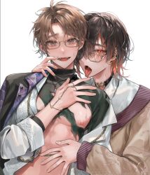 Rule 34 | 2boys, black choker, black hair, black jacket, black shirt, blue jacket, blush, brown eyes, brown hair, brown jacket, choker, collared shirt, eiden (nu carnival), fangs, glasses, ihatedraw, jacket, jewelry, male focus, multicolored clothes, multicolored hair, multicolored jacket, multiple boys, necklace, nu carnival, open mouth, red eyes, red hair, shirt, short hair, sweatdrop, tongue, tongue out, torn clothes, white shirt, yakumo (nu carnival), yaoi