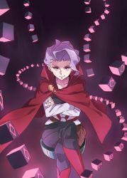 Rule 34 | aqua eyes, black background, black pants, cape, croix meridies, cube, dark background, highres, light purple hair, little witch academia, long sleeves, pants, red cape, red footwear, shirt, short hair, smile, solo, tama (tama-s), very short hair, white shirt