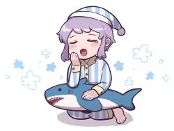 Rule 34 | 1girl, barefoot, blue pajamas, blush, burndle08, buttons, closed eyes, commentary, hand up, idolmaster, idolmaster million live!, long sleeves, makabe mizuki, open mouth, pajamas, pom pom (clothes), purple hair, short hair, sidelocks, solo, striped clothes, striped headwear, stuffed animal, stuffed shark, stuffed toy, tearing up, vertical-striped pajamas, white background, yawning