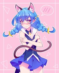 Rule 34 | 1girl, animal ear fluff, animal ears, blue hair, blue jacket, blue skirt, blush, braid, breasts, cat ears, cat tail, cleavage, closed mouth, cowboy shot, crossed arms, detached collar, embarrassed, hair ornament, highres, jacket, kyoutsuugengo, long hair, miniskirt, pink background, pleated skirt, pointy ears, precure, skirt, sleeveless, sleeveless jacket, small breasts, solo, speech bubble, standing, star twinkle precure, sweatdrop, tail, twin braids, twintails, v-shaped eyebrows, yellow eyes, yuni (precure)
