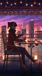 Rule 34 | 1girl, absurdres, backlighting, black hair, black pants, building, cake, candle, chair, city, city lights, cityscape, closed mouth, cloud, coat, commentary request, cup, evening, food, foot dangle, fruit, headphones, highres, holding, holding spoon, lantern, original, pants, pasoputi, patio, plaid, plaid scarf, plate, ponytail, railing, scarf, scenery, sitting, sky, solo, spoon, stirring, strawberry, string lights, table, tea, winter clothes, winter coat