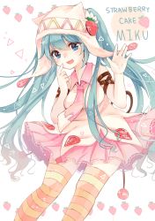 Rule 34 | 1girl, aqua hair, bad id, bad pixiv id, blue eyes, dress, fang, finger to mouth, food, fruit, hat, hatsune miku, highres, long hair, nana (koadenium1), necktie, open mouth, solo, strawberry, striped clothes, striped thighhighs, thighhighs, twintails, very long hair, vocaloid, waving, white background