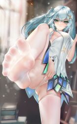 Rule 34 | 1girl, aqua hair, aqua nails, breasts, clothing cutout, cowlick, disgust, dress, faruzan (genshin impact), feet, foot out of frame, genshin impact, green eyes, hair ornament, hand on own crotch, highres, kamue, leg up, legs, light rays, long hair, looking at viewer, medium breasts, no shoes, panties, parted lips, shoulder cutout, sidelocks, soles, solo, spread toes, standing, standing on one leg, symbol-shaped pupils, thighhighs, toes, triangle-shaped pupils, twintails, underwear, white dress, white panties, white thighhighs, x hair ornament