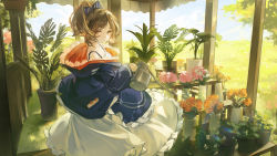 Rule 34 | 1girl, animal ears, arknights, blue bow, blue jacket, bow, brown eyes, brown hair, dress, ergouzi echo, flower, fox ears, fur-trimmed jacket, fur trim, highres, holding, holding watering can, jacket, long hair, looking at viewer, off shoulder, open clothes, open jacket, orange flower, outdoors, pavilion, perfumer (arknights), plant, ponytail, potted plant, red flower, solo, watering can, white dress, yellow flower