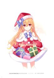 Rule 34 | 1girl, absurdres, bare shoulders, blush, box, closed mouth, clothing cutout, dress, fur trim, gift, gift box, hat, highres, holding, long hair, looking at viewer, orange hair, original, page number, pom pom (clothes), red dress, red eyes, ribbon, santa dress, santa hat, scan, shoulder cutout, skirt hold, smile, solo, tsunako