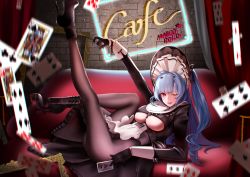 Rule 34 | 1girl, ass, azur lane, black dress, black gloves, black pantyhose, blue hair, boots, breasts, card, character name, clothing cutout, couch, curtains, dress, full body, gloves, half gloves, high heel boots, high heels, large breasts, long hair, looking at viewer, maid headdress, marco polo (azur lane), marco polo (the queen of hearts) (azur lane), neconel, official alternate costume, on couch, one eye closed, pantyhose, platform boots, platform footwear, playing card, red eyes, solo, tongue, tongue out, underboob, underboob cutout