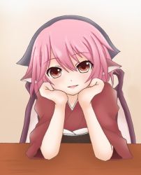 Rule 34 | 1girl, animal ears, hands on own cheeks, hands on own face, head scarf, japanese clothes, looking at viewer, mystia lorelei, okamisty, open mouth, pink hair, pov across table, red eyes, short hair, solo, touhou, wings, yuuto (seiga)