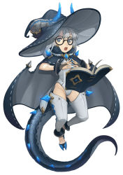 Rule 34 | 1girl, 782, black-framed eyewear, blue cape, blue nails, blue wings, book, bridal gauntlets, cape, commentary, curled horns, dragon horns, dragon tail, dragon wings, fingernails, glasses, grey eyes, horns, leotard, long hair, looking at viewer, nail polish, open book, open mouth, original, round eyewear, scales, silver hair, solo, tail, teeth, thighhighs, upper teeth only, white leotard, white thighhighs, wings