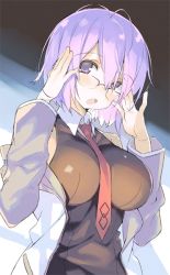 Rule 34 | 1girl, adjusting eyewear, bare shoulders, black dress, blush, breasts, detached sleeves, dress, eyes visible through hair, fate/grand order, fate (series), glasses, hair over one eye, impossible clothes, jacket, lab coat, large breasts, looking at viewer, mash kyrielight, multicolored background, necktie, open mouth, purple eyes, purple hair, red necktie, shimeji (4 me ji), short hair, solo, upper body