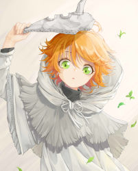 Rule 34 | 1girl, :o, ahoge, alternate costume, arm above head, black shirt, contrapposto, emma (yakusoku no neverland), expressionless, gradient background, green eyes, hair between eyes, head tilt, high collar, highres, holding, holding mask, hooded robe, leaf, long sleeves, looking at viewer, mask, messy hair, monko (liangliang), orange hair, pink background, robe, shirt, short hair, solo, standing, upper body, white robe, wide-eyed, yakusoku no neverland