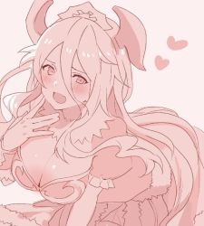 Rule 34 | 1girl, all fours, blush, breasts, cleavage, cygames, dragalia lost, dragon girl, dragon horns, fang, heart, horns, large breasts, long hair, looking at viewer, mym (dragalia lost), nintendo, open mouth, solo