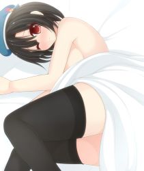 Rule 34 | 10s, 1girl, bed sheet, black hair, black thighhighs, blush, breasts, chimunge, hat, kantai collection, large breasts, looking at viewer, lying, naked sheet, on side, one eye closed, personification, red eyes, sideboob, solo, takao (kancolle), thighhighs, wink