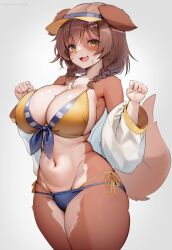 Rule 34 | 1girl, absurdres, animal ears, animal nose, bikini, blush, braid, breasts, brown hair, curvy, detached sleeves, dog ears, dog tail, eyelashes, fang, furrification, furry, hair ornament, hairpin, highres, hololive, hololive gamers, huge breasts, inugami korone, kyuuri, looking at viewer, navel, open mouth, smile, standing, swimsuit, tail, thick thighs, thighs, thong bikini, twin braids, virtual youtuber, visor cap, white background, wide hips, yellow eyes
