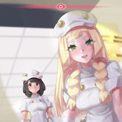 Rule 34 | 2girls, aether foundation employee, aether foundation employee (cosplay), aether foundation uniform, black eyes, black hair, blonde hair, blunt bangs, blush, braid, cabbie hat, cosplay, creatures (company), game freak, green eyes, grin, hat, heart, heart-shaped pupils, highres, hospital, infirmary, jumpsuit, lillie (pokemon), long hair, looking at viewer, meme, metal gear (series), metal gear solid v: the phantom pain, mizuumi (bb), multiple girls, nine years in a coma (meme), nintendo, parody, pokemon, pokemon sm, pouch, scene reference, selene (pokemon), short hair, sleeves rolled up, smile, swept bangs, symbol-shaped pupils, twin braids, white headwear, white jumpsuit