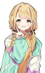 Rule 34 | 1girl, 6crcg, :d, blonde hair, blush, braid, fang, fujita kotone, gakuen idolmaster, hair ribbon, highres, idolmaster, jacket, long sleeves, looking at viewer, multicolored clothes, multicolored jacket, open mouth, ribbon, shirt, simple background, skin fang, smile, solo, twin braids, upper body, v, white background, yellow eyes, yellow shirt