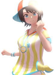 Rule 34 | 1girl, backwards hat, baseball cap, black hair, blue eyes, blush, closed mouth, collarbone, hat, hego 0102, hololive, oozora subaru, oozora subaru (1st costume), red hat, shirt, short hair, short sleeves, simple background, smile, solo, striped clothes, striped shirt, sweatband, swept bangs, t-shirt, tied shirt, two-tone headwear, upper body, vertical-striped clothes, vertical-striped shirt, virtual youtuber, whistle, white background, white hat, white shirt, wristband, yellow shirt