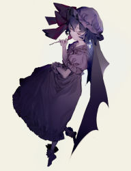 Rule 34 | 1girl, bat wings, beige background, closed eyes, flower, full body, hat, hat ribbon, highres, holding, holding flower, mob cap, puffy short sleeves, puffy sleeves, purple hair, red ribbon, red rose, remilia scarlet, ribbon, rose, short sleeves, simple background, socks, solo, tian (my dear), touhou, wings, wrist cuffs