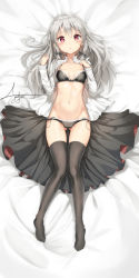 Rule 34 | 10s, 1girl, artist name, bed sheet, black bra, black panties, black thighhighs, blush, bow, bow bra, bra, breasts, breasts apart, collarbone, dakimakura (medium), full body, gluteal fold, hair between eyes, head tilt, highres, lace, lace-trimmed bra, lace-trimmed panties, lace trim, long hair, long sleeves, looking at viewer, lying, navel, on back, open clothes, open shirt, panties, parted lips, pink eyes, shirt, side-tie panties, signature, silver hair, small breasts, solo, sophie twilight, thighhighs, tonari no kyuuketsuki-san, underwear, white shirt, youthpaint