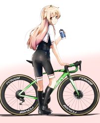 Rule 34 | 1girl, adapted costume, bicycle, bike shorts, black footwear, black ribbon, black shorts, black socks, blonde hair, bottle, full body, gradient background, hair flaps, hair ribbon, kantai collection, kazu (really in hot water now), kneehighs, long hair, looking at viewer, mountain bicycle, red eyes, ribbon, shorts, smile, socks, solo, standing, two-tone shirt, water bottle, yuudachi (kancolle), yuudachi kai ni (kancolle)