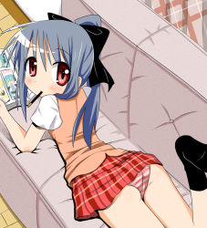 Rule 34 | 1girl, ass, blue hair, cameo, chibi miku, couch, food, hatsune miku, looking back, lying, minami (colorful palette), on stomach, original, panties, pantyshot, plaid, plaid skirt, pocky, ponytail, red eyes, skirt, socks, solo, striped clothes, striped panties, underwear, vocaloid