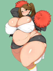 Rule 34 | 10s, 1girl, belly, blush, breasts, brown eyes, brown hair, bursting breasts, cheerleader, fat, gigantic breasts, gundam, gundam build fighters, gundam build fighters try, hair ornament, highres, muffin top, navel, open clothes, panties, pantyshot, sazaki kaoruko, sex toy, skirt, socks, sports bra, sweat, tensai427, thick thighs, thighs, twintails, underwear, upskirt, vibrator, wide hips