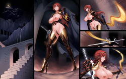 Rule 34 | 1girl, armor, armored boots, blue eyes, boots, breasts, cape, corruption, dark persona, female knight, gloves, high heels, highres, large breasts, long hair, naked armor, nipples, original, ponytail, red hair, reverse bikini armor, reverse outfit, sword, uns (sdsxsoverlord), weapon