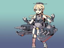 Rule 34 | 10s, 1girl, alternate breast size, asymmetrical legwear, bare shoulders, blonde hair, cannon, clenched hands, elbow gloves, front-tie top, garter straps, gloves, gradient background, grey eyes, hat, iowa (kancolle), kantai collection, long hair, machinery, miniskirt, mismatched legwear, open mouth, sixten, skirt, solo, striped clothes, striped skirt, striped thighhighs, thighhighs, vertical-striped clothes, vertical-striped thighhighs