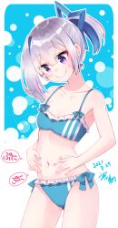 Rule 34 | 1girl, amane kanata, asymmetrical hair, bikini, blue bikini, blue hair, blush, closed mouth, collarbone, commentary request, cowboy shot, dated, eyes visible through hair, frilled bikini, frills, hair between eyes, hands on own stomach, highres, hikawa shou, hololive, looking down, multicolored hair, navel, pink hair, ponytail, purple eyes, short hair, side-tie bikini bottom, sidelocks, signature, silver hair, simple background, smile, solo, standing, stomach, streaked hair, sweatdrop, swimsuit, translation request, virtual youtuber