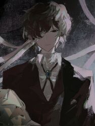 Rule 34 | 1boy, bandage over one eye, bandaged neck, bandages, black coat, black eyes, blue gemstone, brooch, brown hair, brown jacket, bungou stray dogs, closed mouth, coat, collared shirt, cross tie, dazai osamu (bungou stray dogs), expressionless, gem, highres, jacket, jewelry, looking at viewer, myaaea, shirt, solo, upper body, white shirt, wing collar