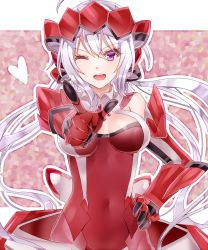 Rule 34 | 10s, 1girl, ;d, ahoge, bare shoulders, blush, breasts, cleavage, covered navel, finger gun, hand on own hip, heart, highres, medium breasts, one eye closed, open mouth, purple eyes, resyeol, senki zesshou symphogear, silver hair, smile, solo, teeth, yukine chris