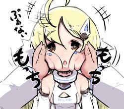 Rule 34 | +++, 1boy, 1girl, ahoge, ahoge wag, azur lane, bare shoulders, blonde hair, blush, brown eyes, cheek squash, clothes writing, commander (azur lane), commentary request, detached sleeves, dress, eldridge (azur lane), expressive hair, facial mark, hair between eyes, hair ornament, hairclip, hands on another&#039;s cheeks, hands on another&#039;s face, long hair, long sleeves, looking at viewer, out of frame, parted lips, pov, pov hands, simple background, sleeveless, sleeveless dress, solo focus, translation request, twintails, u-non (annon&#039;an), upper body, white background, white dress, white sleeves