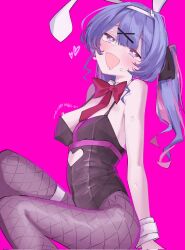 Rule 34 | 1girl, :d, animal ears, arms at sides, bare shoulders, black leotard, black pantyhose, blue eyes, blue hair, blush, bow, bowtie, breasts, detached collar, fake animal ears, feet out of frame, fishnet pantyhose, fishnets, from side, hair ornament, hatsune miku, heart, heart-shaped pupils, highleg, highleg leotard, highres, knee up, large breasts, leotard, long hair, multicolored hair, open mouth, pantyhose, pink background, pink hair, playboy bunny, rabbit ears, rabbit hole (vocaloid), red bow, red bowtie, short twintails, sidelocks, simple background, smile, solo, symbol-shaped pupils, twintails, two-tone hair, vivo (vivo sun 0222), vocaloid, x hair ornament