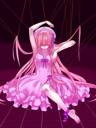 Rule 34 | 1girl, armpits, arms up, bad id, bad pixiv id, barefoot, dress, closed eyes, feet, female focus, full body, hat, long hair, marionette (vocaloid), megurine luka, pink hair, puppet, ribbon, sitting, solo, string, suzunosuke (sagula), vocaloid