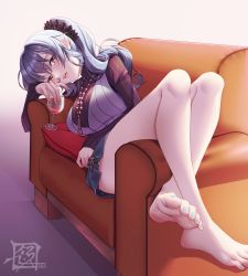 Rule 34 | 1girl, absurdres, alcohol, barefoot, blue hair, claire rieveldt, commission, couch, cup, drinking glass, eiyuu densetsu, falcom, feet, foreshortening, grey background, hair intakes, head tilt, highres, long hair, looking at viewer, lying, parted lips, pixiv commission, purple background, sen no kiseki, side ponytail, soles, thighs, toes, wine, wine glass
