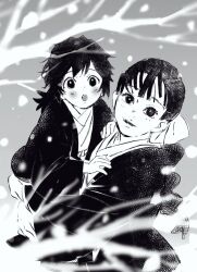 Rule 34 | 1boy, 1girl, :o, aged down, blurry, braid, braided ponytail, branch, carrying, child, child carry, closed mouth, depth of field, from above, greyscale, haori, japanese clothes, kimetsu no yaiba, kimono, komedawara0130, long hair, looking at viewer, looking up, monochrome, motion blur, open mouth, single braid, smile, surprised, tomioka giyuu, tomioka tsutako, upper body, winter