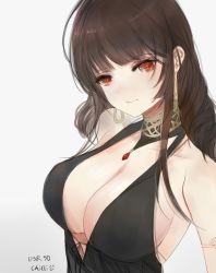 Rule 34 | 1girl, artist name, bad id, bad pixiv id, bare shoulders, black dress, breasts, brown hair, character name, chilli 646, cleavage, closed mouth, dress, dsr-50 (girls&#039; frontline), dsr-50 (highest bid) (girls&#039; frontline), earrings, girls&#039; frontline, highres, jewelry, large breasts, long hair, looking at viewer, necklace, official alternate costume, red eyes, solo, white background