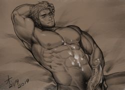 Rule 34 | 1boy, abs, arm behind head, armpit hair, armpits, bara, bed sheet, biceps, completely nude, covering privates, covering crotch, cum, cum on body, cum on male, erection, facial hair, greyscale, large pectorals, lrpanda00, male focus, monochrome, muscular, navel, navel hair, nipples, nude, original, pectorals, penis, realistic, short hair, sideburns, solo, stubble, thighs, uncensored, veins, veiny hands, veiny penis