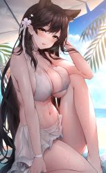 Rule 34 | 1girl, :d, animal ears, atago (azur lane), atago (summer march) (azur lane), azur lane, beach, bikini, black hair, blush, breasts, breasts on lap, brown eyes, cleavage, day, extra ears, flower, hair flower, hair ornament, hand up, highres, large breasts, long hair, looking at viewer, mole, mole under eye, navel, open mouth, oyuwari, ribbon, sitting, smile, solo, swimsuit, toned, wet, white bikini