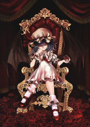 Rule 34 | 1girl, ascot, azuki (azuki-taste), bat wings, blue hair, brooch, chain, chair, cup, dress, drinking glass, flower, glowing, glowing eyes, hat, hat ribbon, jewelry, crossed legs, looking at viewer, mary janes, mob cap, pink dress, puffy sleeves, red eyes, red footwear, red rose, red skirt, remilia scarlet, ribbon, rose, shoes, short sleeves, silver hair, sitting, skirt, smirk, solo, throne, touhou, wine glass, wings, wrist cuffs