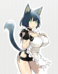 Rule 34 | 1girl, animal ears, blue hair, breast suppress, breasts, green eyes, heart, heart cutout, huge breasts, jiyu2, large breasts, maid, open mouth, short hair, solo, sweat, tail, wrist cuffs