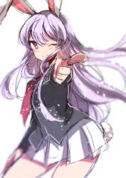 Rule 34 | 1girl, ;), alternate eye color, animal ears, blazer, blouse, blush, breasts, from side, hair between eyes, hand on own hip, highres, jacket, light purple hair, long hair, long sleeves, necktie, one eye closed, pleated skirt, pointing, pointing at viewer, pointing finger, purple eyes, rabbit ears, rabbit girl, rabbit tail, red necktie, reisen udongein inaba, shirt, simple background, skirt, smile, solo, standing, tail, takeshima eku, touhou, white background, wind