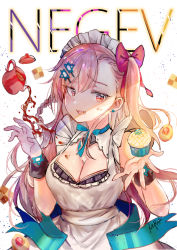 Rule 34 | 1girl, apron, bow, breasts, character name, cleavage, cookie, cupcake, earrings, food, girls&#039; frontline, hair bow, hexagram, jewelry, large breasts, maid, maid apron, maid headdress, mirutu, negev (girls&#039; frontline), pink eyes, pink hair, solo, star of david, tea, teapot
