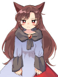 Rule 34 | 1girl, animal ears, big hair, blush, bright pupils, closed mouth, dress, fingernails, gem, imaizumi kagerou, jitome, long fingernails, long hair, long sleeves, looking at viewer, red eyes, red skirt, sasa kichi, simple background, sketch, skirt, solo, standing, touhou, white background, wolf ears