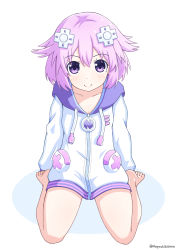 Rule 34 | 1girl, absurdres, arms behind back, bare legs, barefoot, blush, breasts, cleavage, closed mouth, d-pad, d-pad hair ornament, feet, full body, hair between eyes, hair ornament, highres, hood, hooded jacket, jacket, legs apart, looking at viewer, neptune (neptunia), neptune (series), no legwear, non porn, purple eyes, purple hair, short hair, sitting, small breasts, smile, solo, thighs, toes, usb, white jacket, yashi (hayashiki0404)