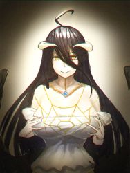 Rule 34 | 1girl, ahoge, albedo (overlord), bare shoulders, black hair, black wings, breasts, closed mouth, demon girl, demon horns, detached collar, dress, gloves, hair between eyes, horns, large breasts, long hair, looking at viewer, minami koyogi, overlord (maruyama), grabbing own breast, slit pupils, smile, solo, white dress, white gloves, wings, yellow eyes