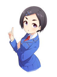 Rule 34 | 1girl, bad id, bad pixiv id, black hair, blazer, blue jacket, blue skirt, blush, collared shirt, hair ornament, hairclip, hand up, idolmaster, idolmaster cinderella girls, index finger raised, jacket, long sleeves, looking at viewer, matsuo chizuru, necktie, parted lips, pleated skirt, purple eyes, red necktie, school uniform, shirt, short hair, simple background, skirt, solo, swept bangs, thick eyebrows, uccow, white background, white shirt