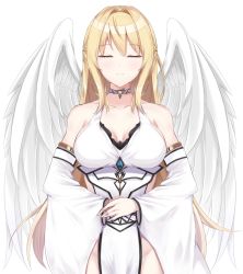 Rule 34 | 1girl, absurdres, angel, angel wings, bare shoulders, blonde hair, bulge, choker, closed mouth, collarbone, commentary, detached sleeves, dinosaurus (azimangasaurus), dress, english commentary, existence, closed eyes, facing viewer, feathered wings, game cg, gem, highres, male-female symbol, rhea (existence), sideless outfit, sidelocks, simple background, solo, standing, white background, white dress, white sleeves, white wings, wings