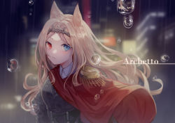 Rule 34 | 1girl, animal ears, archetto (arknights), arknights, blonde hair, blue eyes, blurry, blurry background, cape, character name, depth of field, epaulettes, heterochromia, highres, long hair, looking at viewer, miike (992058), parted bangs, rain, red cape, red eyes, solo, tiara, upper body, water drop, wavy hair